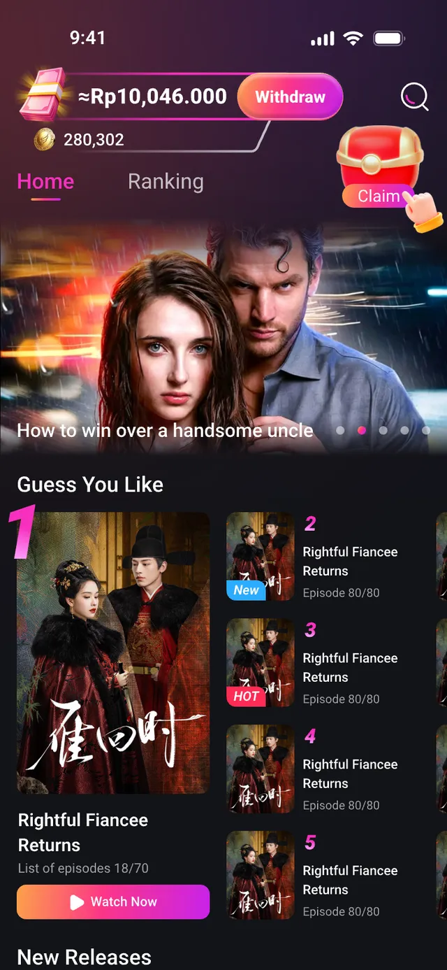 ReelReward home tab with the coin balance bar, featured banner, Guess You Like and new releases