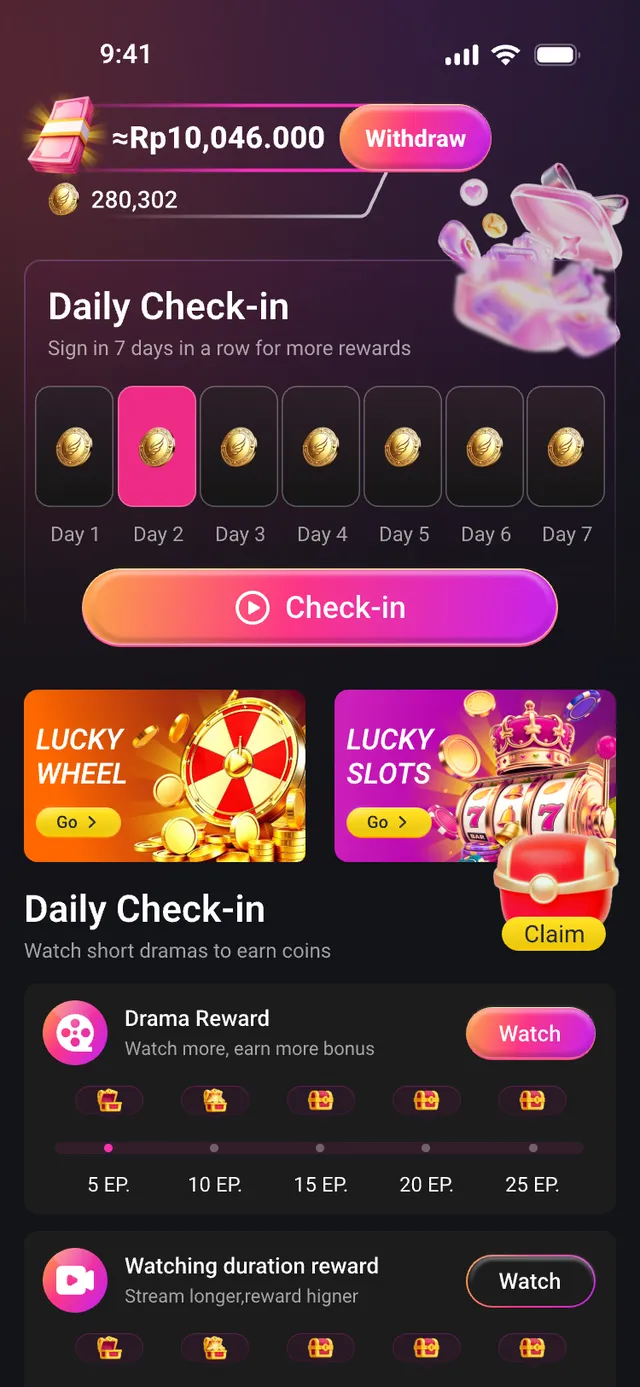 ReelReward reward tab with the seven-day daily check-in, lucky game entries and coin-earning tasks