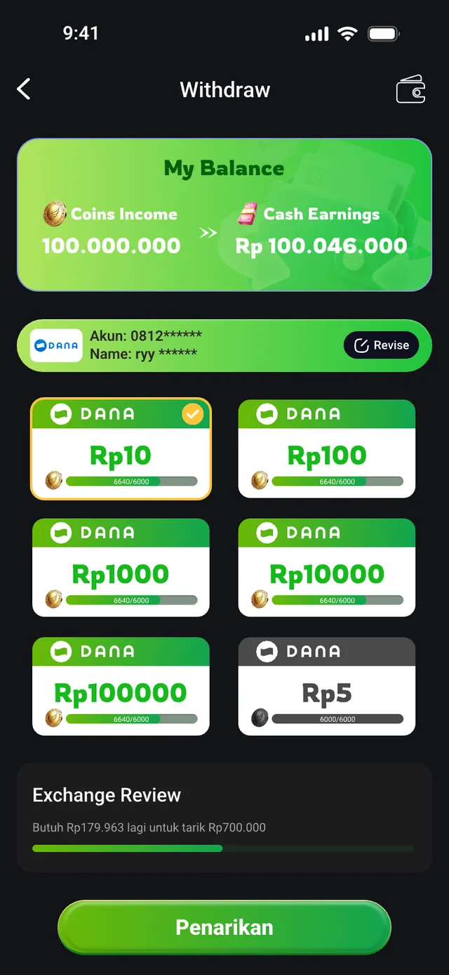 ReelReward withdrawal page showing the coin and cash balance, DANA payout tiers and progress toward each tier